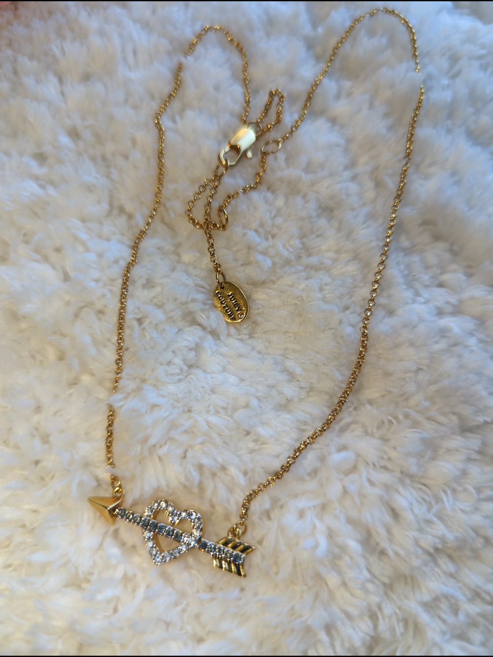 Juicy Couture Y2K Gold Heart Arrow Crystal With Logo Tag Pendant Necklace
